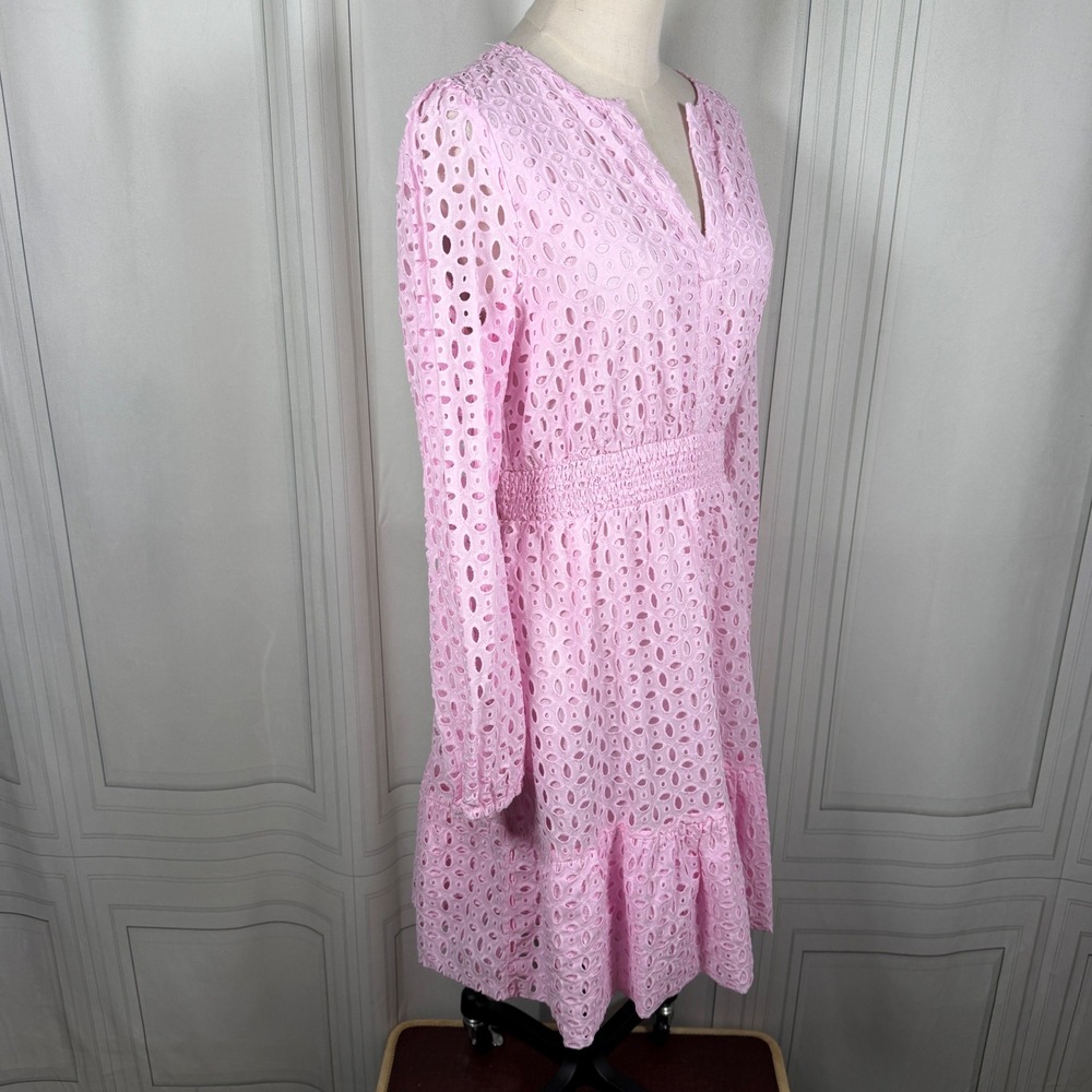ZESICA Pink Eyelet Embroidery Long Sleeve V-Neck Tiered Mini Dress Medium NWT